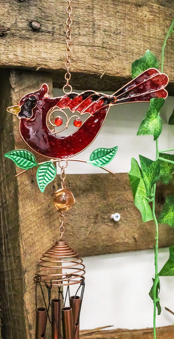Ebros Gift Stained Glass Red Cardinal Bird Copper Metal Wind Chime 24.25"Long Resonant Outdoor Patio Garden Decor Accessory