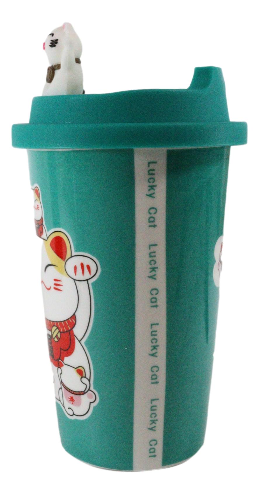 Ebros Gift Lucky Cat Maneki Neko Ceramic Tall Drink Mug Cup With Silicone Lid (Green)