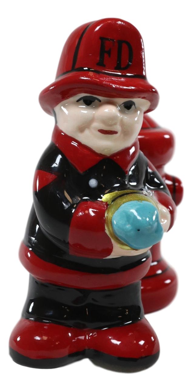 Ebros Fireman Fighter W/ Hose By Red Fire Hydrant Ceramic Salt & Pepper Shakers - Ebros Gift