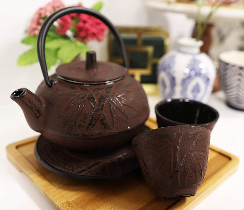 Japanese Bamboo Forest Maroon Red Traditional Heavy Cast Iron Tea Pot and Cups