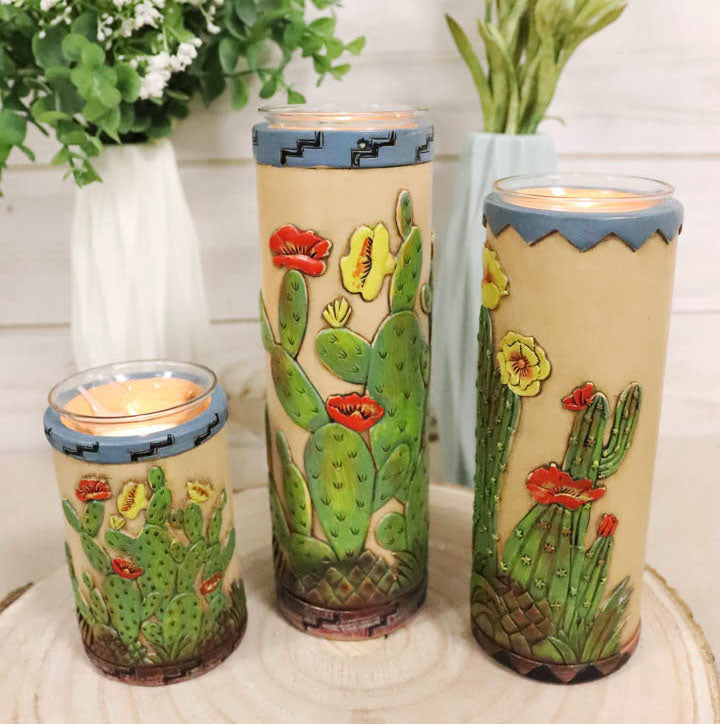 Southwestern Desert Cactus With Blooming Flowers Votive Candle Holders Set Of 3