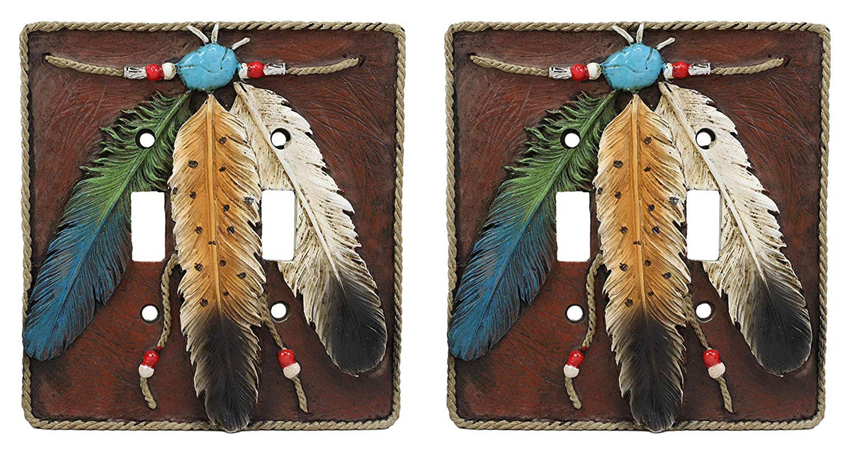 Ebros Southwestern Native 3 Feathers Double Toggle Switch Plate Cover Set Of 2 - Ebros Gift
