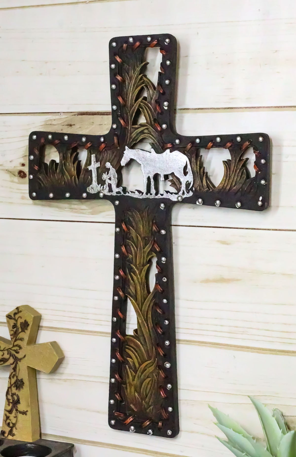 Rustic Western Kneeling Cowboy With Horse In Prayer Faux Leather Wall Cross