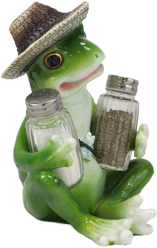 Ebros Green Toad Tree Frog With Sombrero Glass Salt Pepper Shakers Holder Set - Ebros Gift