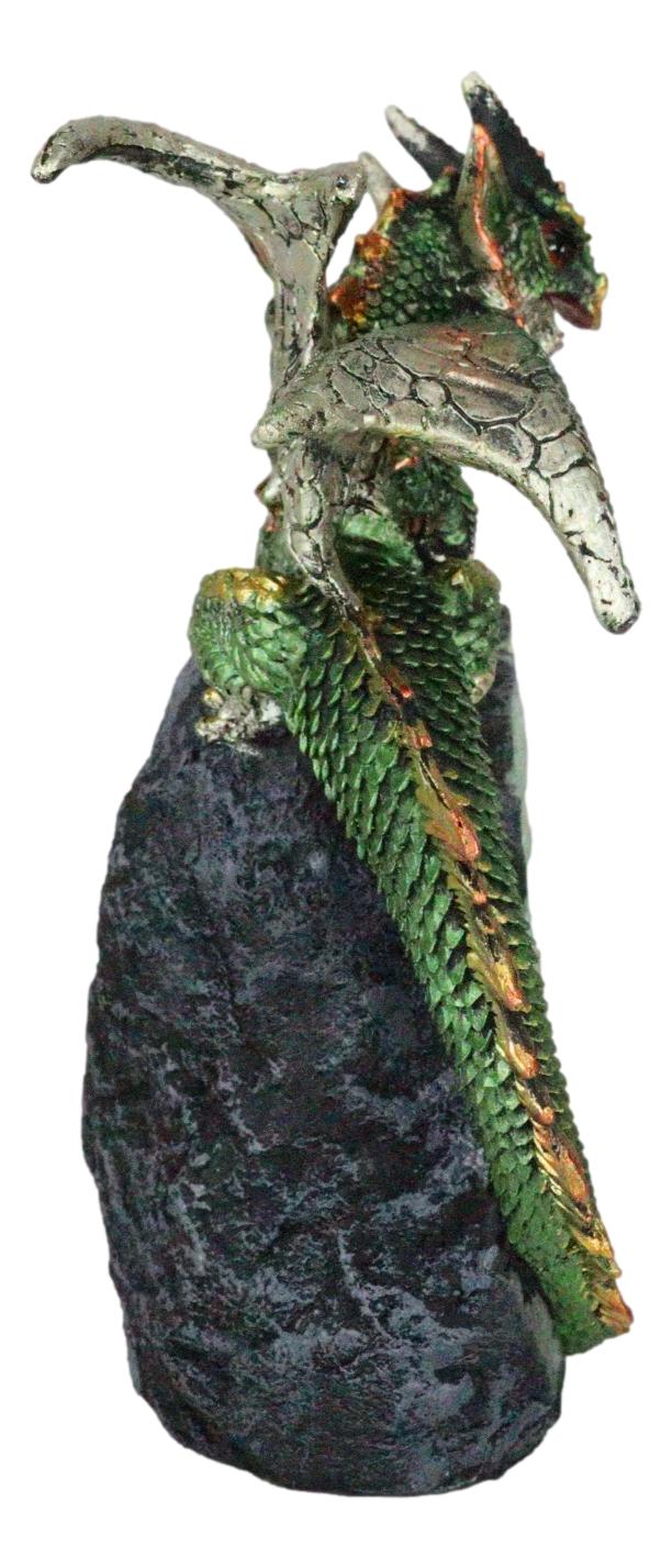 Metallic Green Iridescent Dragon On Faux Geode Rock Quartz Crystal Cove Figurine