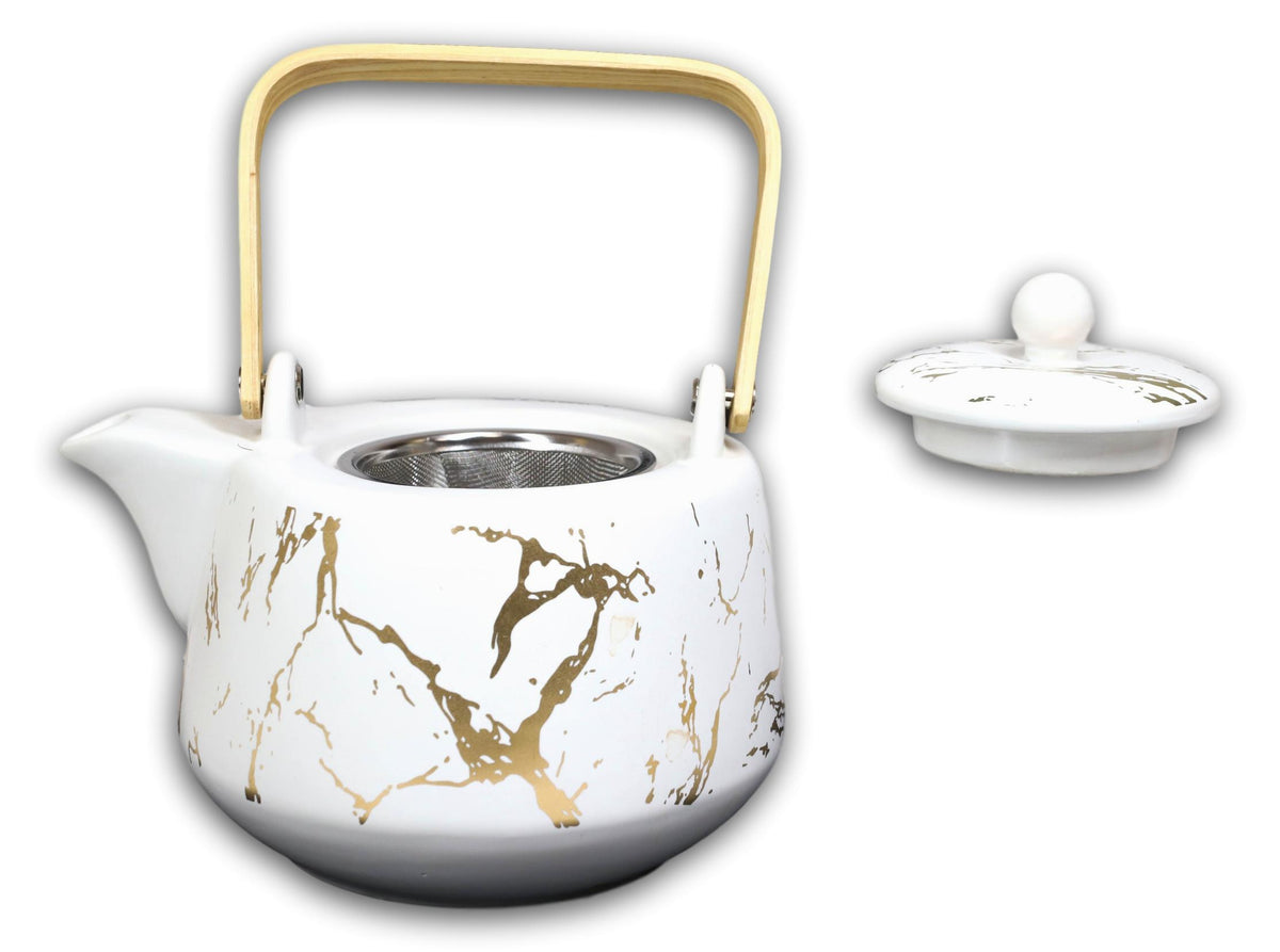 White Faux Marble With Gold Veins Ceramic Tea Pot And Cups With Tray Set For 4 - Ebros Gift