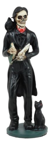 Ebros Gothic Day Of The Dead Edgar Allan Poe Statue With Raven Skeleton Figurine 5.5"H