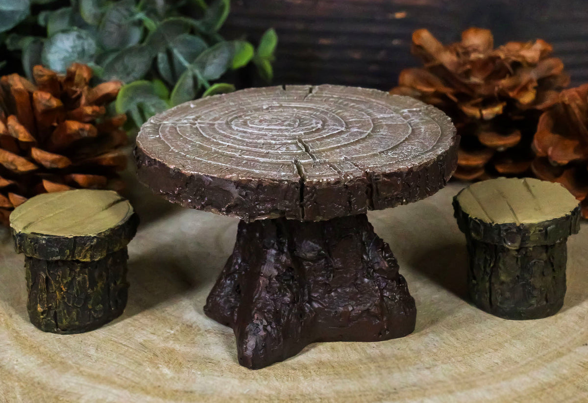 Enchanted Fairy Garden Miniature Tree Stump Table And 2 Stool Chairs Statues - Ebros Gift