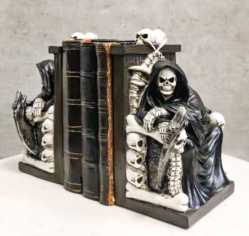 Gothic Grim Reaper Sitting On Skulls And Skeleton Bones Thrones Bookends Statue