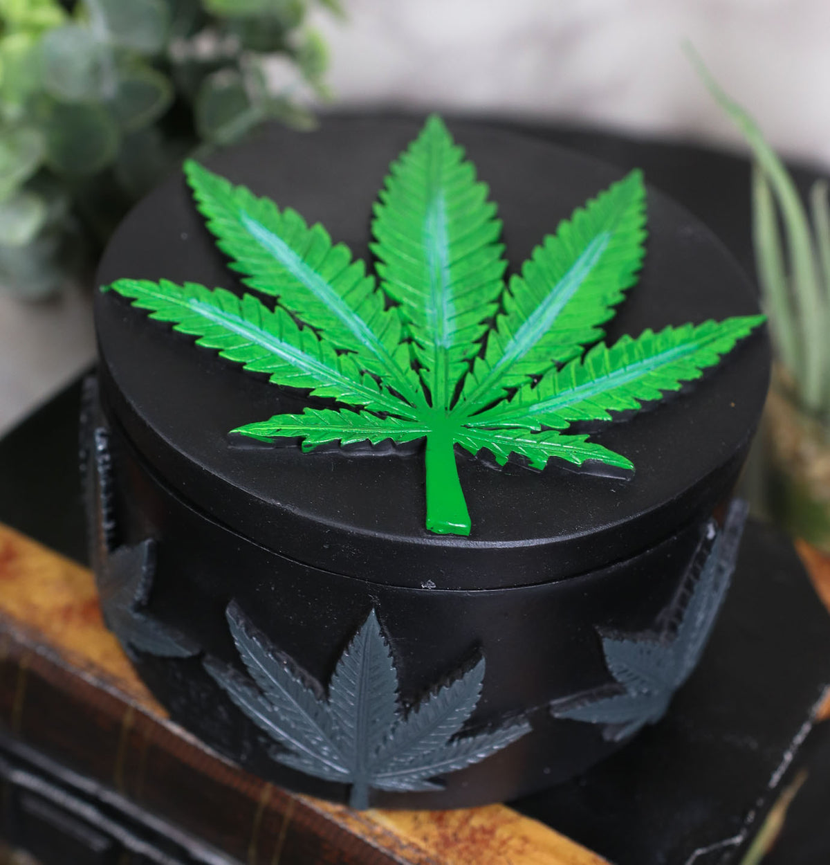 Ebros Hidden Stash Green Hemp Weed Leaf Cannabis Round Decorative Jewelry Box Figurine - Ebros Gift
