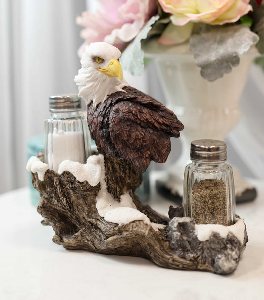 American Bald Eagle By Tree Branch Glass Salt & Pepper Shakers Holder Figurine - Ebros Gift