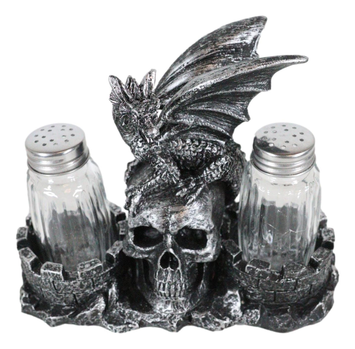 Medieval Dragon On Oversized Skull By Castle Towers Salt Pepper Shakers Holder - Ebros Gift