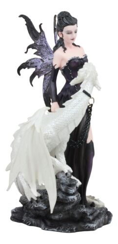 Gothic Khaleesi Fairy With Arctic White Dragon Statue 9.5"H Dungeons Dragons Art