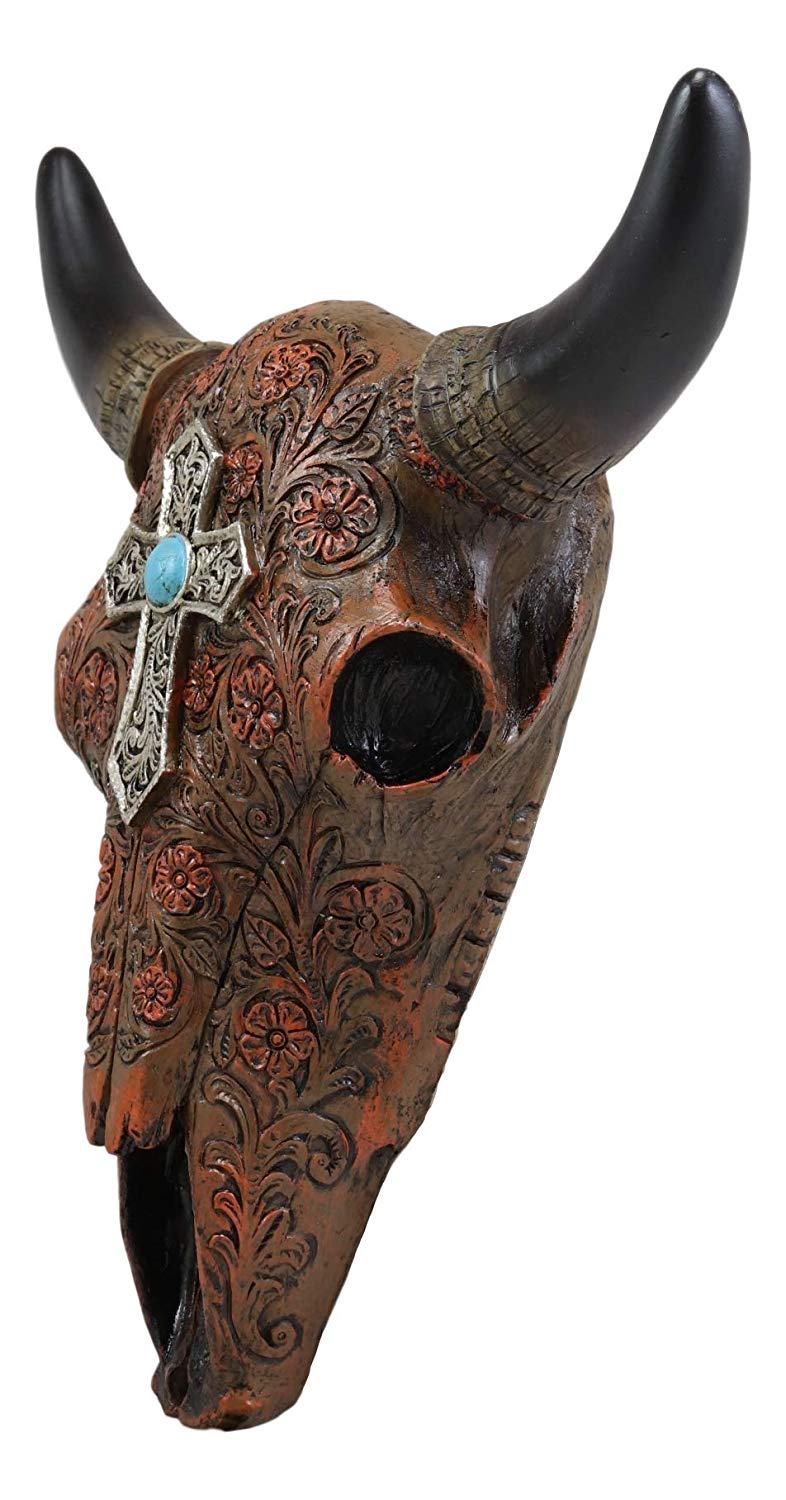 Ebros 11" High Western Southwest Steer Bison Buffalo Bull Cow Horned Skull Head with Turquoise Gem Silver Cross Tooled Leather Design Wall Mount Decor - Ebros Gift