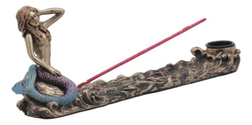Coastal Sun Bathing Mermaid Over Ocean Waves Candle Holder Incense Burner