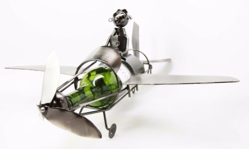 Leisure One Pilot Airplane Hand Made Metal Wine Bottle Holder Caddy Figurine