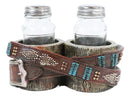 Rustic Western Cowboy Faux Leather Belt On Wood Salt Pepper Shakers Holder