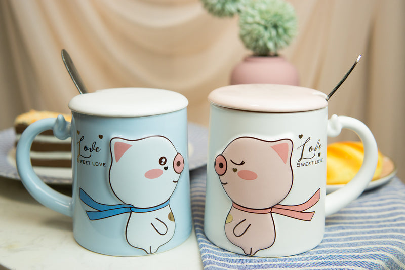 Ebros Pack Of 2 Valentines Love Pigs Blue And White Coffee Mugs With Lid & Spoon 14oz