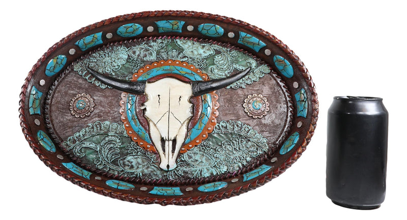 Western Rustic Cowboy Texas Longhorn Skull Turquoise Conchos Dish Tray 12"L