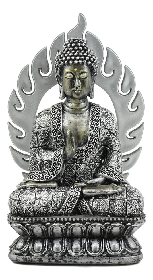 Ebros Eastern Enlightenment Silver Meditating Buddha Seated On Fire Throne Statue 8.25"Tall Qi Soul Fire Element Polyresin Sculpture Buddhism Figurine - Ebros Gift
