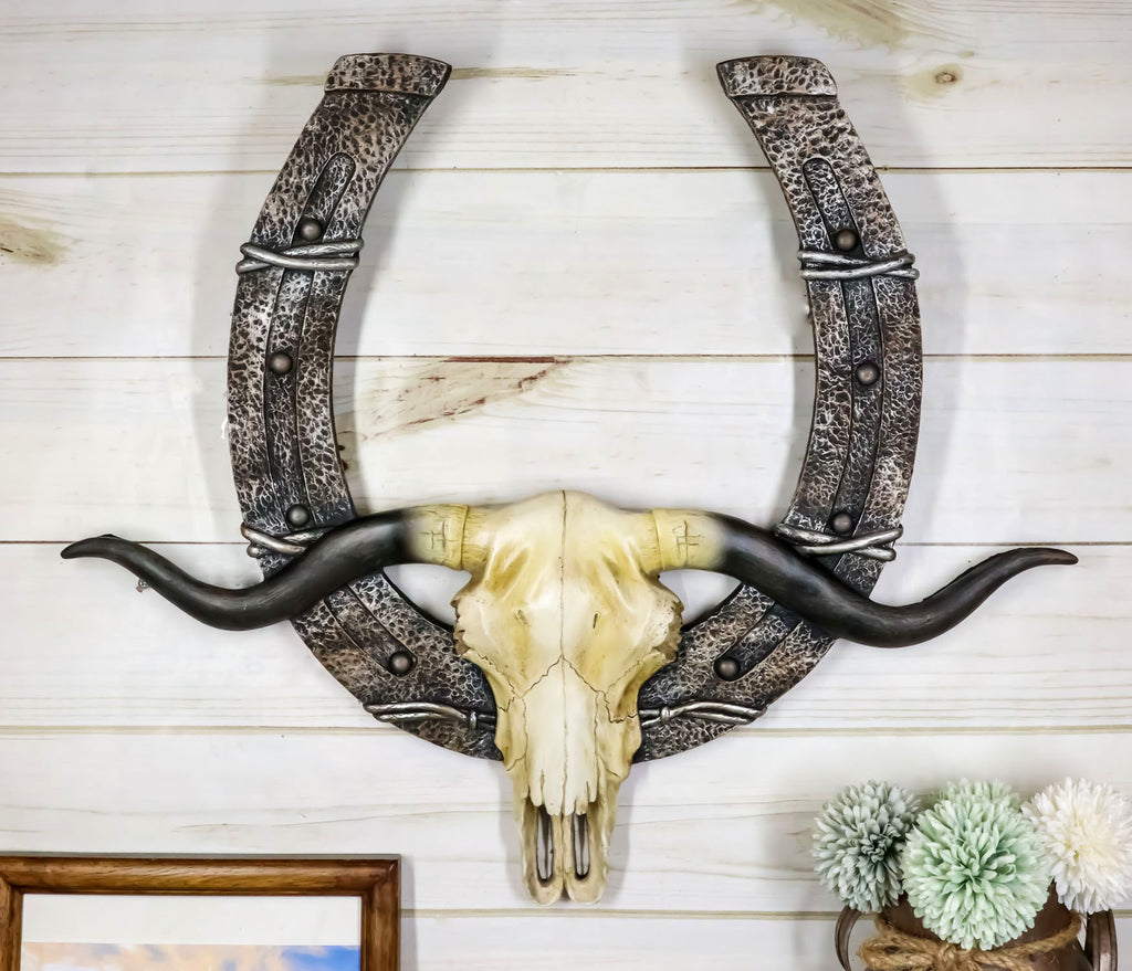 21" L Rustic Western Longhorn Bull Cow Skull With Giant Horseshoe Wall ...