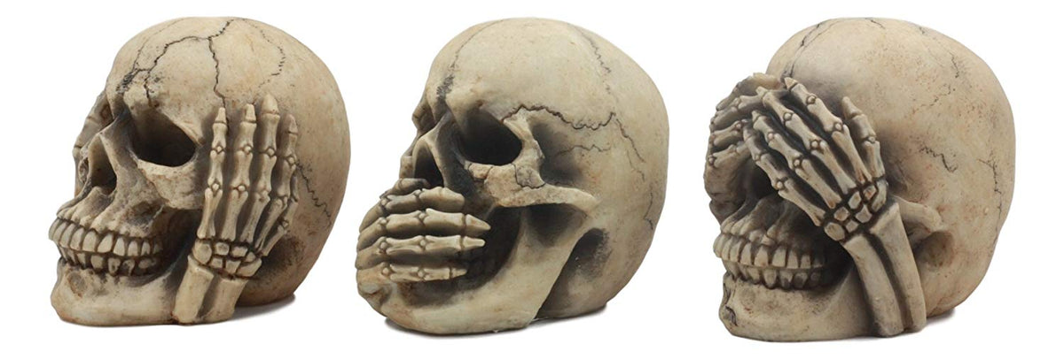 Ebros Gothic Alchemy See Hear Speak No Evil Grinning Skulls Statue Set Of Three 4"High Halloween Decor Ossuary Graveyard Figurines - Ebros Gift
