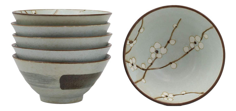 Ebros Gift Made In Japan 5"Dia Light Blue Plum Bowls With Sakura Cherry Blossoms Design 10 oz Rice Soup Salad Appetizer Bowl Set of 6 Kitchen Dining Japanese Chinese Cuisine Restaurant Supply