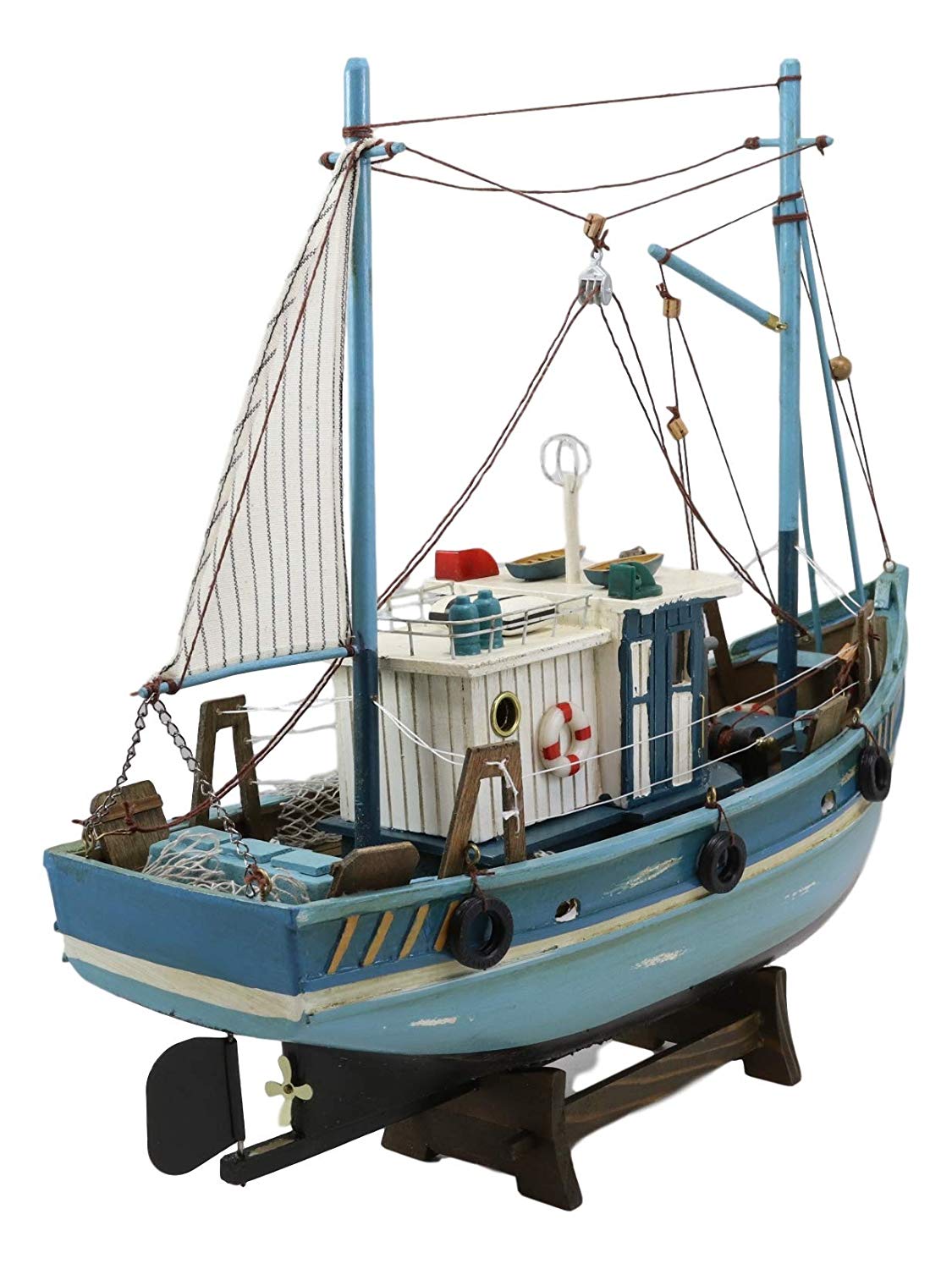 Ebros 17" Long Fishing Vessel Boat Model Statue with Wood Base Stand - Ebros Gift