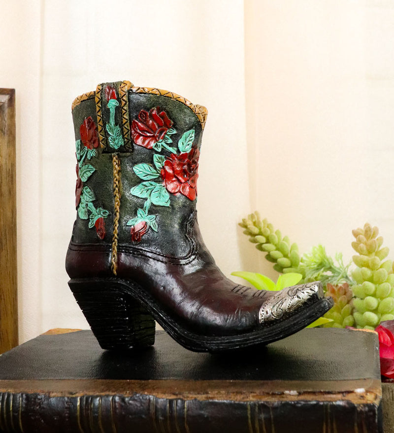 Western Cowboy Cowgirl Floral Red Roses Tooled Leather Boot Pen Holder Figurine