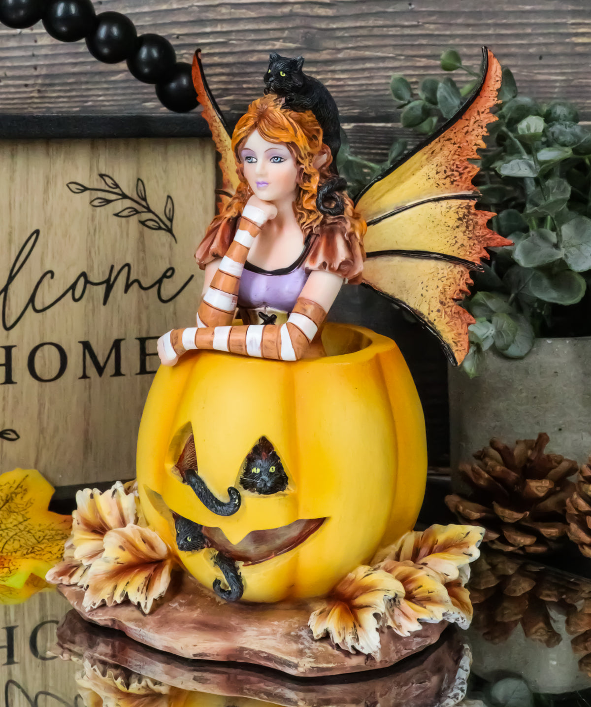 Amy Brown Halloween Mischief Fairy With Black Cats On Grinning Pumpkin Figurine