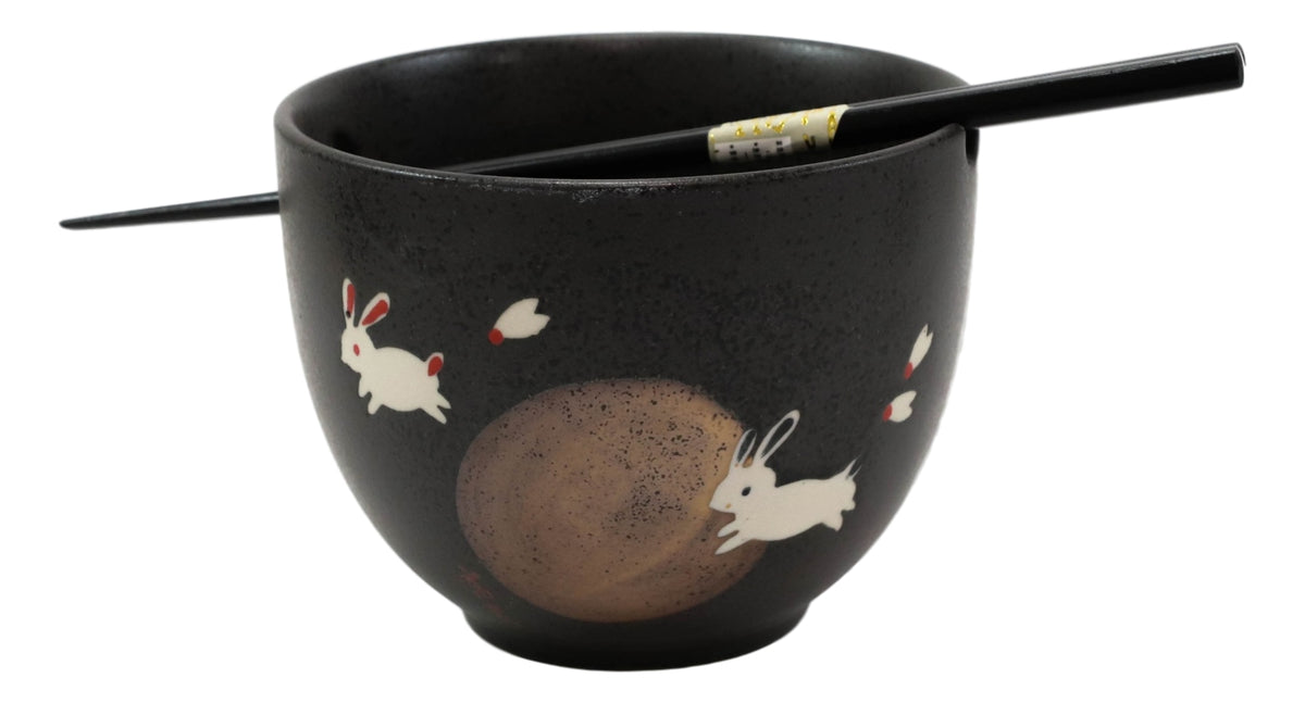 Ceramic White Moon Rabbit Hare Ramen Noodles Soup Bowls With Chopsticks Set Of 2
