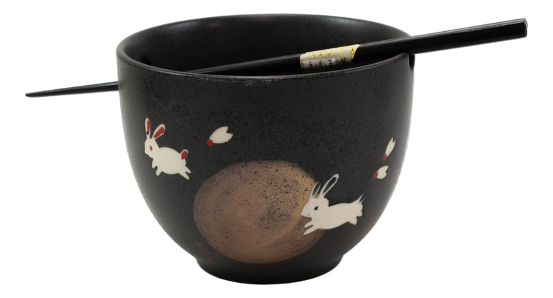 Ceramic White Moon Rabbit Hare Ramen Noodles Soup Bowls With Chopsticks Set Of 2