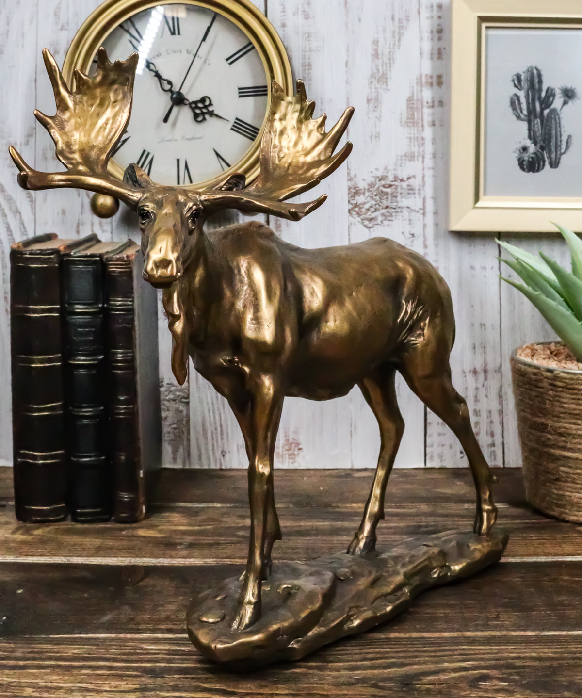 Realistic Large Bull Moose Statue In Gold Patina 11" W Rustic Elk Deer Accent - Ebros Gift