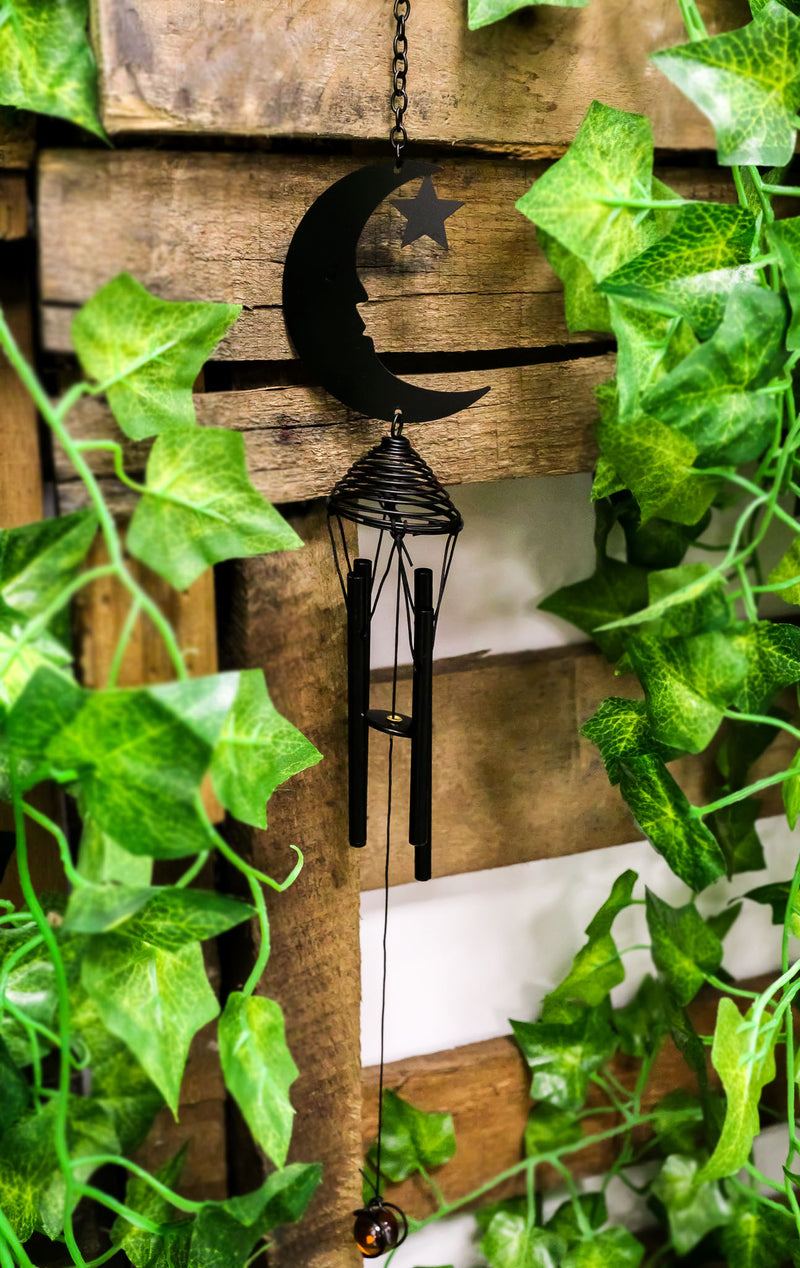 Wicca Witchcraft Crescent Moon Face with Star Coated Steel Metal Wind Chime