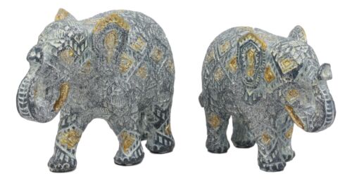 Ebros Silver and Gold Patterned Elephant Statue 5.25" Long Feng Shui Elephant Figurine Symbol of Wisdom Fortune and Protection (Mother and Calf Elephants Set)