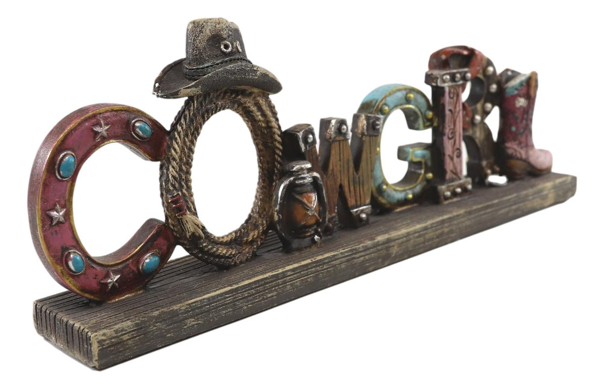 Rustic Western Cowgirl Sign Ropes Hat Horseshoe Faux Barnwood Desktop Plaque