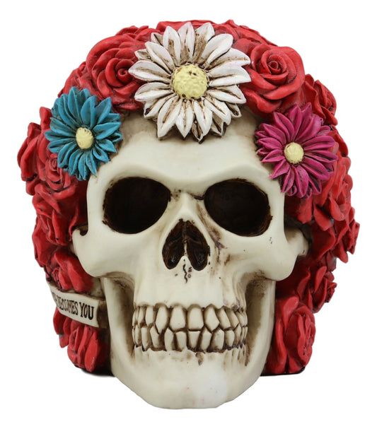 Ebros Colorful Floral Day of The Dead Sugar Skull with Red Roses Hair Adornment Statue 5.5" Long Colorful Resin Figurine Skeleton Cranium Dia De Muertos Calacas De DAMA As Gothic Decor Sculpture