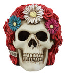 Ebros Colorful Floral Day of The Dead Sugar Skull with Red Roses Hair Adornment Statue 5.5" Long Colorful Resin Figurine Skeleton Cranium Dia De Muertos Calacas De DAMA As Gothic Decor Sculpture