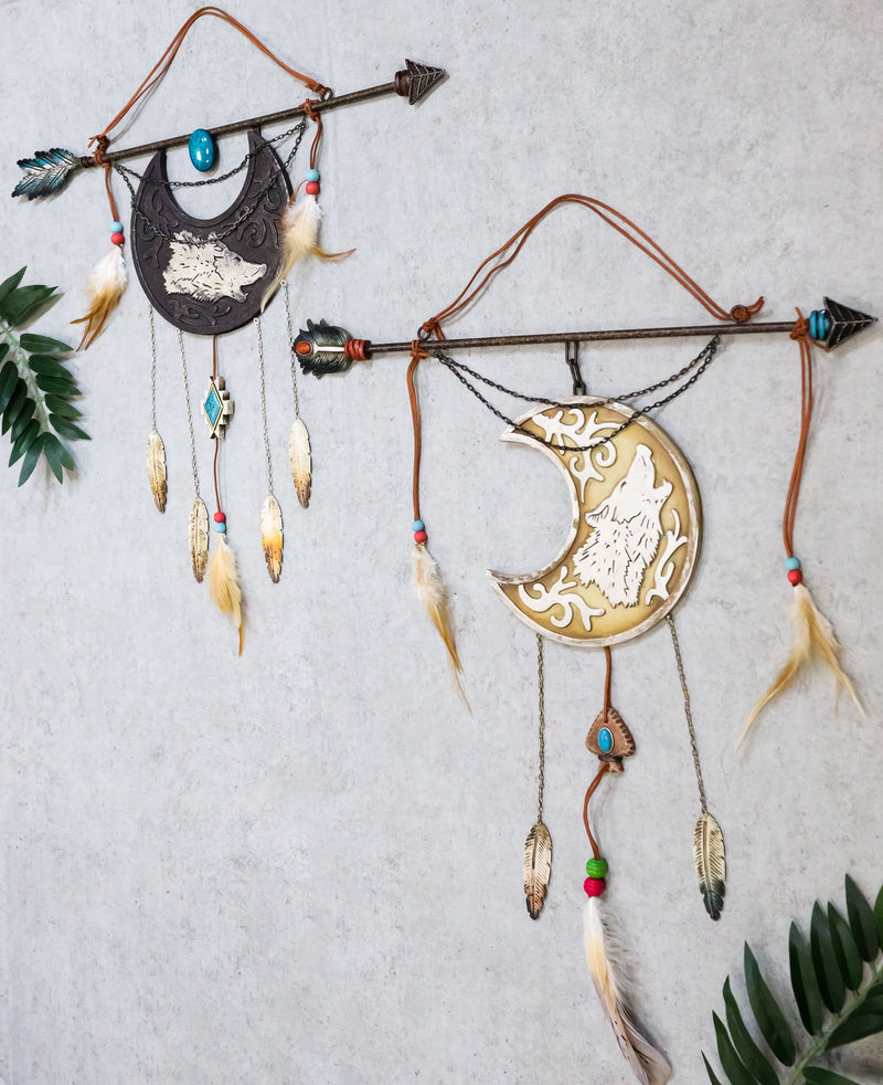 Pack Of 2 Southwestern Boho Chic Wolf Arrow Dreamcatcher Feathers Wall Decors