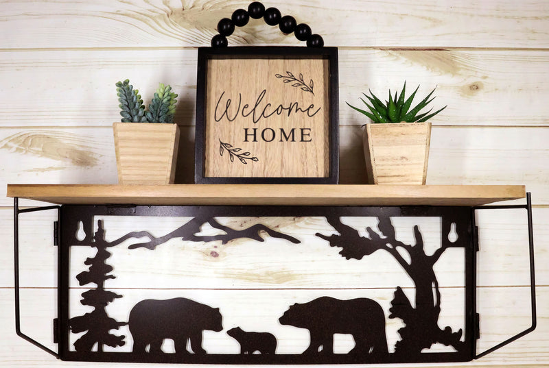 Forest Rustic Western Black Bear Family Metal Cutout Art Wall Hanging Wood Shelf