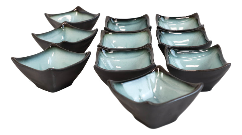 Pack Of 10 Ceramic Zen Blue Ponzu Soy Sauce Oil Condiment Tetragon Dishes Holder