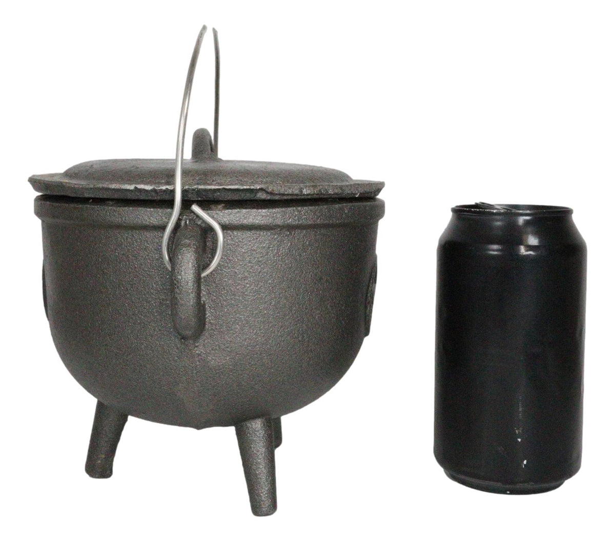Cast Iron Occult Wicca Pentagram Star In Circle Cauldron With Handle and Lid