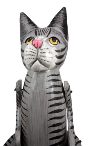 Balinese Wood Handicrafts Grey Striped Coat Feline Cat Puppet Toy Figurine 17"H