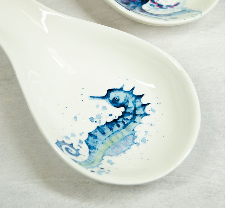 Nautical Marine Blue White Seahorse Ceramic Kitchen Utensil Holder Spoon Rest