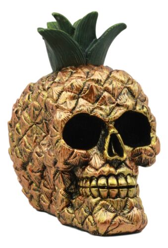 Hawaiian Tropical Pineapple Golden Skull Figurine 6"Tall Fruity Skeleton Head