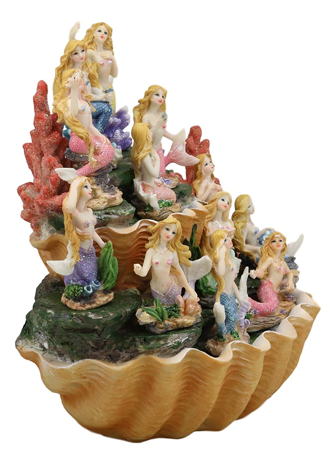 Ebros 10" Wide Colorful Nautical Ocean 2 Tier Golden Giant Clam Shell With Coral Reefs LED Glow Lights Display Stand With 12 Miniature Mermaids Figurine Set Fantasy Mermaid Mergirls Sirens of The Seas - Ebros Gift