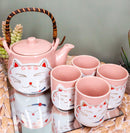 Maneki Neko Lucky Beckoning Cat Matte Pink 20oz Ceramic Tea Pot and Cups Set