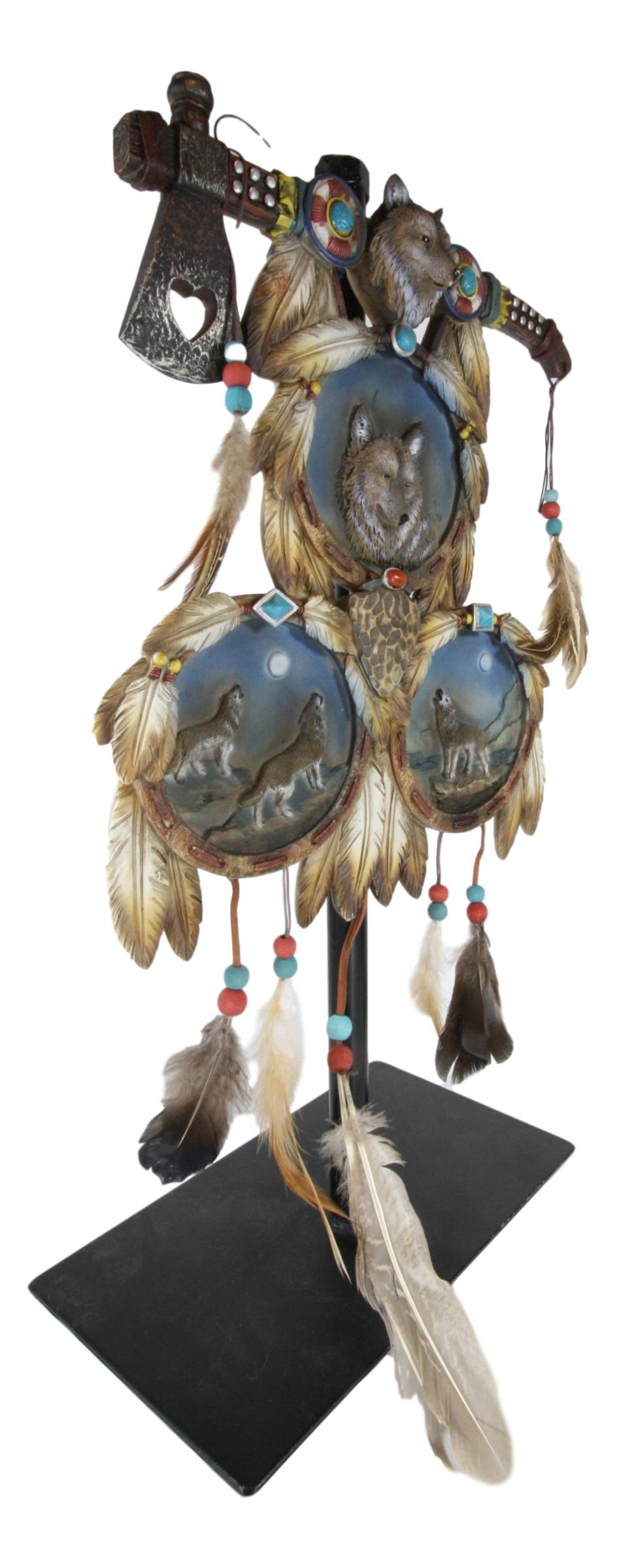 Ebros Triple Wolves Eagle Warpath Axe Dreamcatcher Beaded Lace Feathers Desktop Plaque