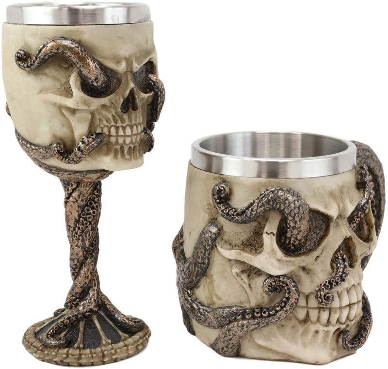 Ebros Shipwrecked Skeleton With Octopus Wine Goblet And Mug Set Drinkware