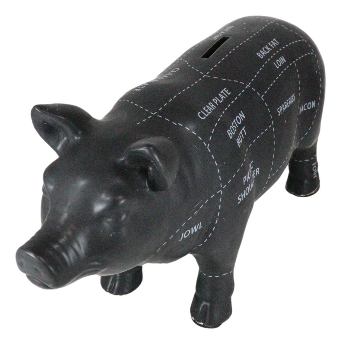 Large Ceramic Country Farm Black Pig Swine Pork Butcher Chart Piggy Coin Bank
